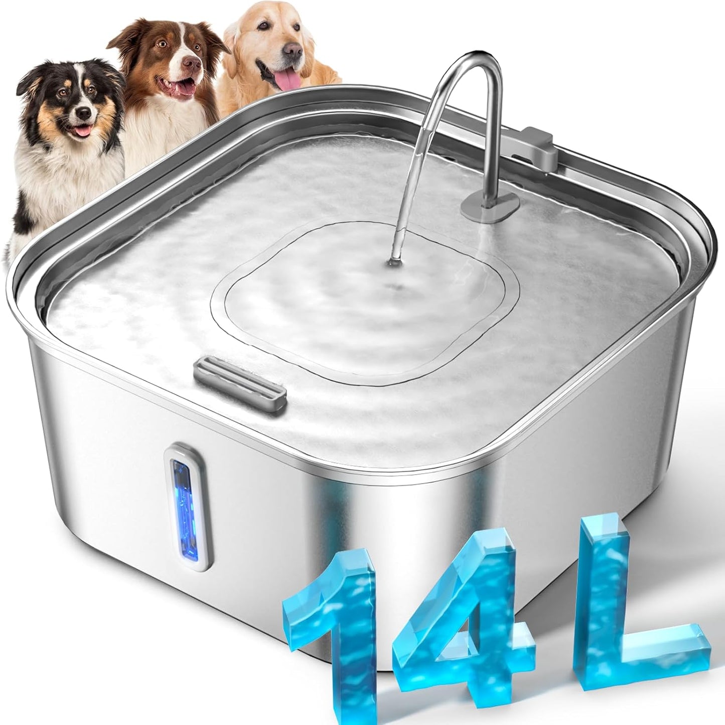 Large Dog Water Fountain 14L/3.7Gal, Stainless Steel Pet Fountain for Large Dogs and Multi-Pets Families, with Visible Window & Extra Wide Drinking Area, Square Design Enlarges Capacity & Saves Space - Pet Explorer