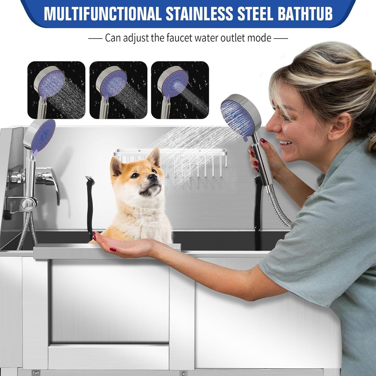 Electric Dog Bathing Station for Large Dogs, Height Adjustable Stainless Steel Dog Pet Washing Station, Professional Dog Grooming Tub with Electric Lift, Pet Wash Bath Station - Pet Explorer