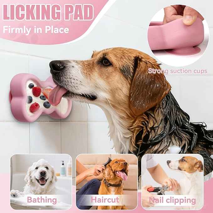 Lick Mat for Dogs, Animire Anti-Spilled Bow Tie Lick Bowls for Anxiety Relief, Silicone Slow Feeder Licking Pad with Suction Cups, Freezeable Dog Enrichment Toy for Boredom and Distraction(Pink,S)
