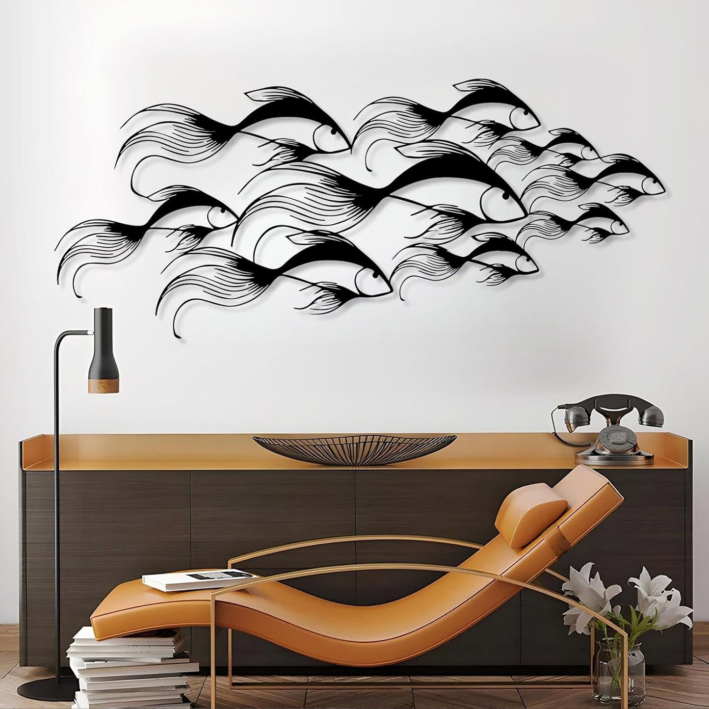 School of Fish Metal Wall Art, Metal Fish Wall Decor, Sea Life Wall Art, Large Nautical Wall Hanging, Modern Beach House Wall Decor, Ocean Themed Artwork for Bathroom (Black, 30"x12" | 76x32cm)
