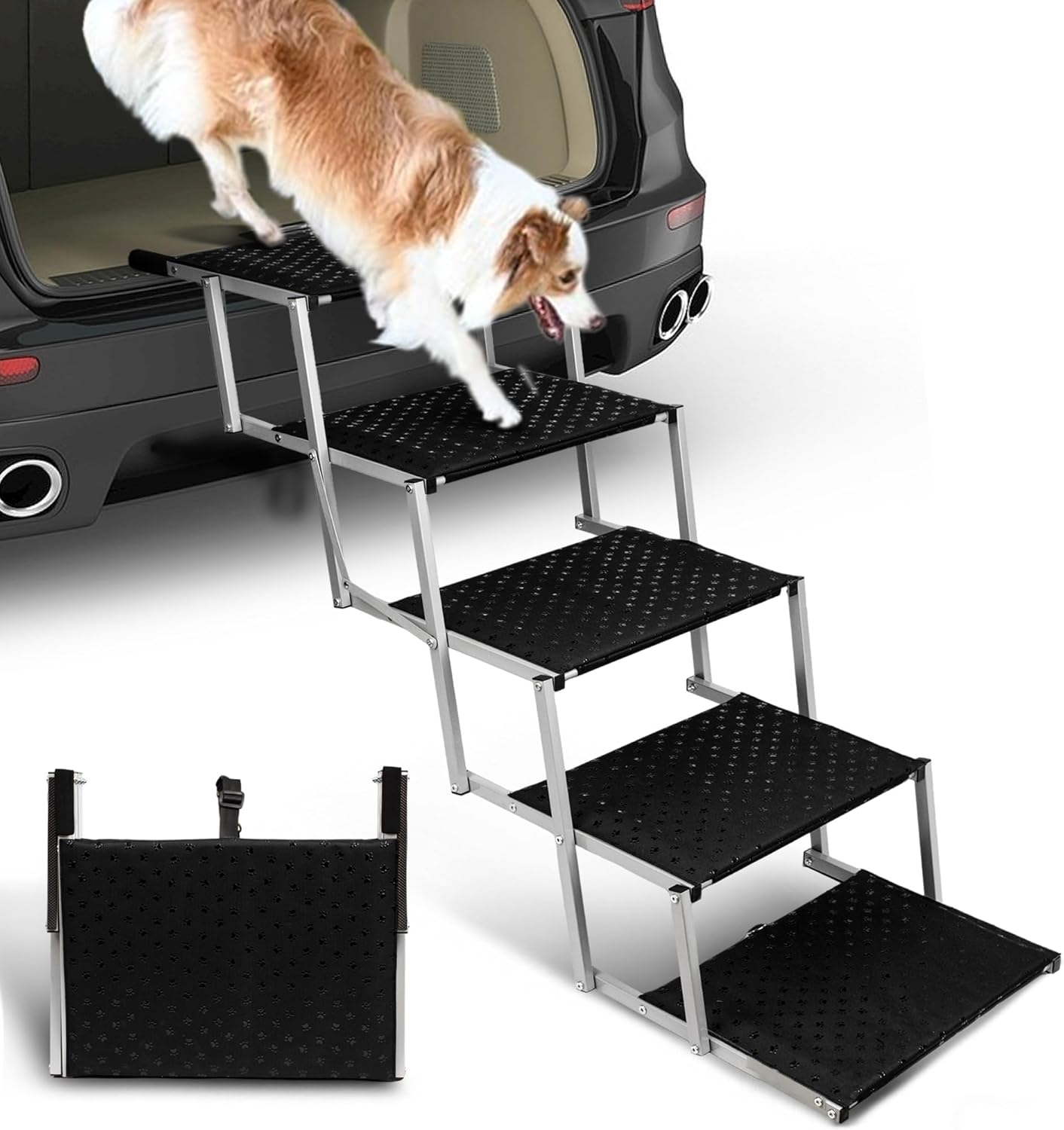 Niubya Portable Folding Dog Stairs for Cars, SUVs, Trucks - Lightweight Pet Ramp for Large Dogs with Non-Slip Surface - Reinforced Steps Support Up to 200 lb, 5 Steps - Pet Explorer