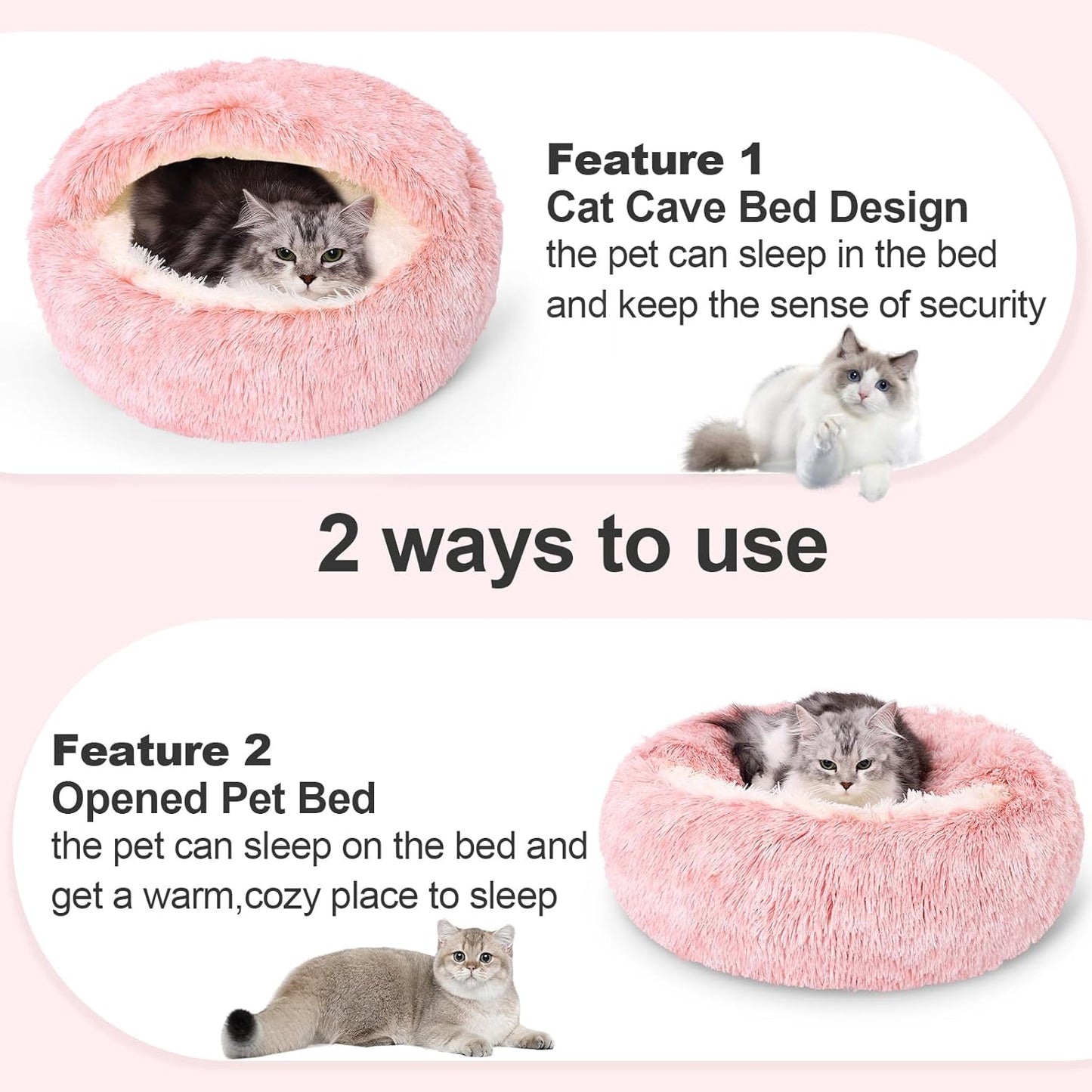 Calming Bean Mush Beds & Cat Cave with Hooded Cover, Removable Washable Round Beds for Small and Medium Pets, Anti-Slip Faux Fur, Fits Up to 15/25 lbs - Pet Explorer