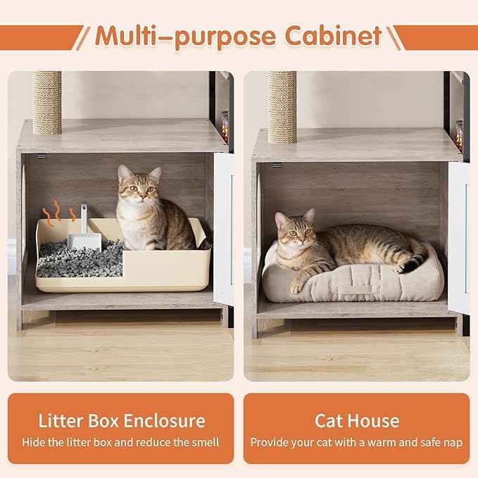 HavenlyYouth Cat Tree with Food Station and Litter Box Enclosure, Multi-Level Cat Tree Tower with Sisal Scratch Posts for Playtime, Plush Hammock in Gray for Cozy