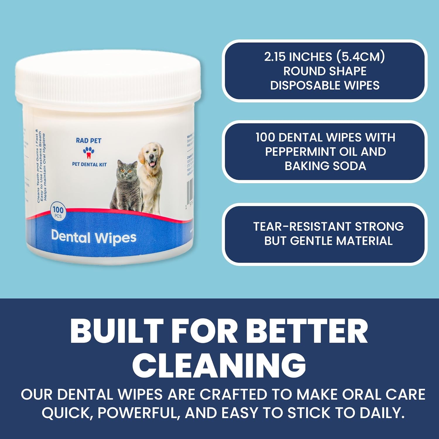 Rad Health Dog Dental Wipes - 100ct Pet Dental Finger Wipes, Easy No-Brush Teeth Cleaning, Removes Plaque & Tartar, Boosts Oral Hygiene, Freshens Breath, Gentle on Mouth, Strong on Build-Up - Pet Explorer