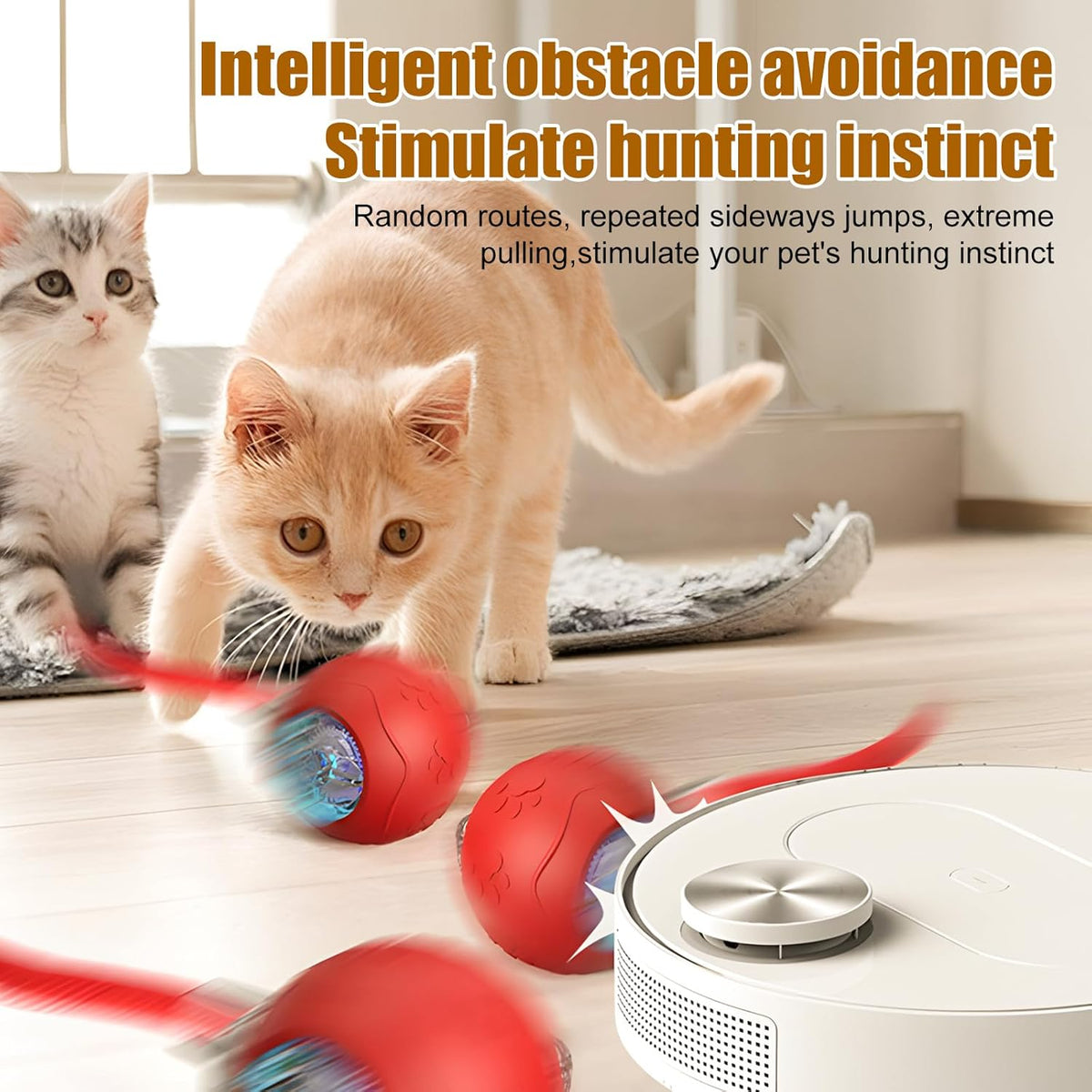 Interactive Cat Toys for Indoor Cats, 2025 New Interactive Cat Toys, Intelligent Automatic Rolling Pet Ball, Automatic Obstacle Avoidance Cat Toy Ball with Rope, Three Modes Adjustment (yellow)