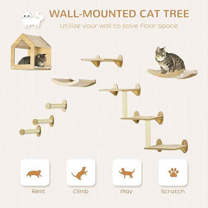 10-Piece Wall-Mounted Cat Tree Set, Multi-Level Cat Climbing Shelves with House, Hammocks, Perches and Scratching Posts for Indoor Cats, Wooden Cat Furniture