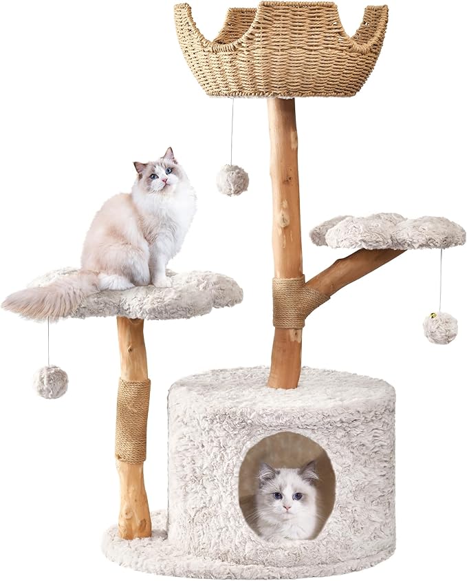 Easyego Modern Cat Tree, Aesthetic Wood Cat Tree Tower for Large Cats, Luxury Cat Condo with Scratching Posts and Flower Platforms, Cat Furniture by Easyego