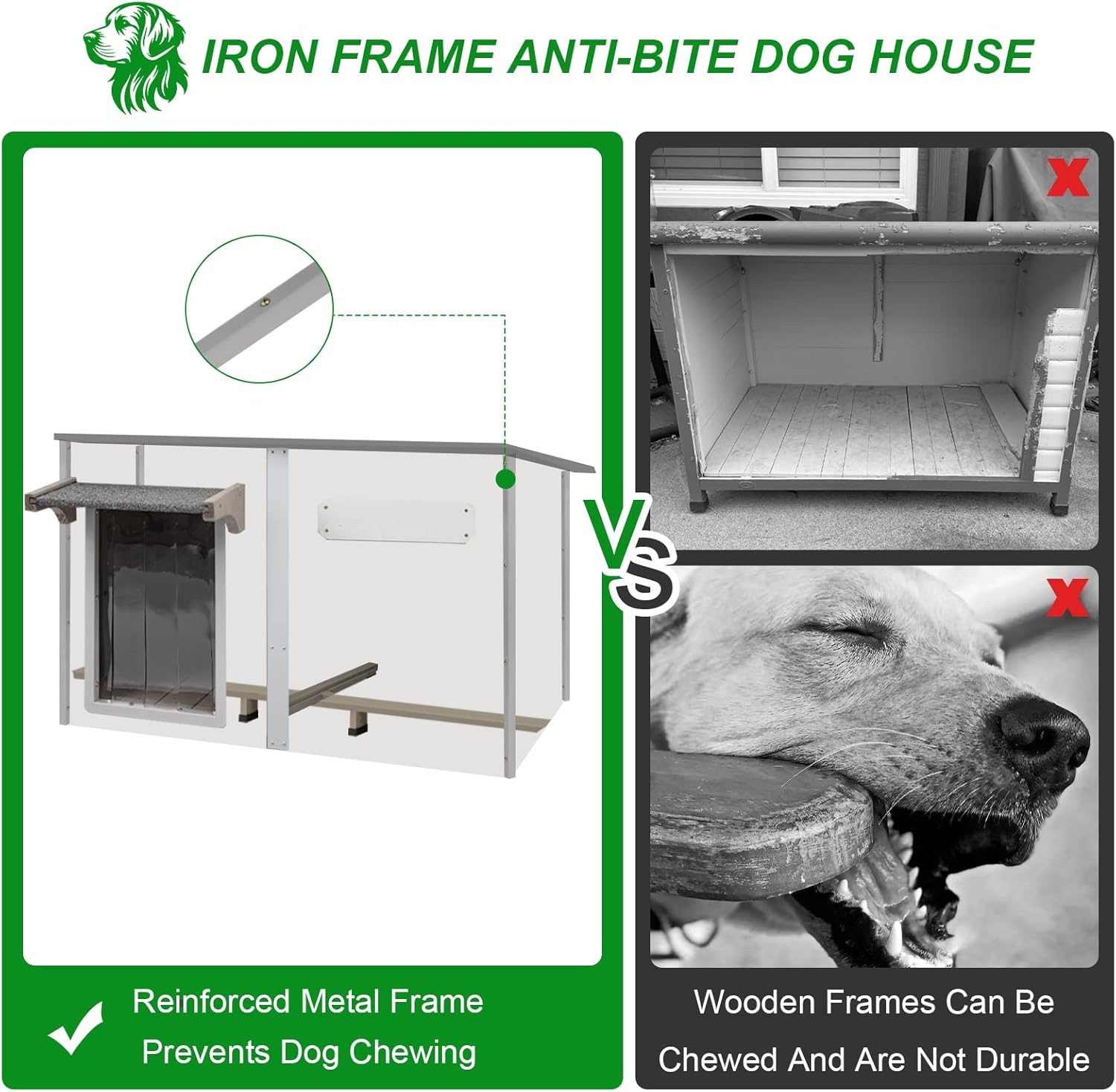 Dog House Outdoor Weatherproof & Wooden Dog Kennel with Chew-Proof Iron Frame，Removable Floor, Adjustable Vent Window, Easy Assembly for Large and Extra-Large Dogs 55.1" D x 33.1" W x 34.8" H - Pet Explorer