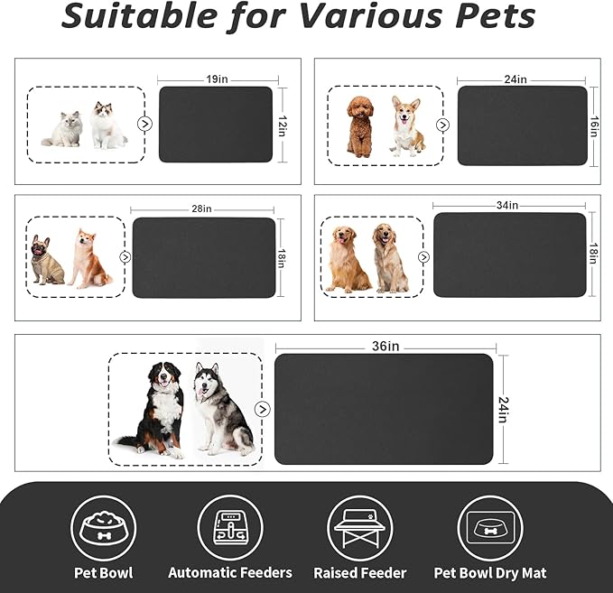 Dog Food Mat - Absorbent Cat Mat for Food and Water, No Stains Pet Feeding Bowl Mat, Easy to Clean Pet Placemats, Quick Dry Dog Water Dispenser Mat for Messy Drinkers | Black 18"x 28"