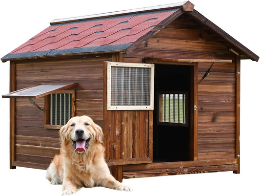Dog House Outdoor,Solid Pine Wood Large Dog House for Big Breed,Weatherproof Dog Houses Outside with Door,Adjust Windows,Warm Dog Kennel for Outside - Pet Explorer