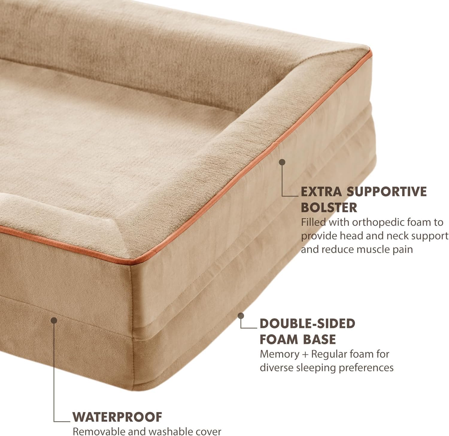 Friends Forever Orthopedic Dog Bed for Medium Dogs, Waterproof Memory Foam Dog Sofa Bed M with Removable Washable Cover, Ally Khaki, 28x23x6.5 - Pet Explorer