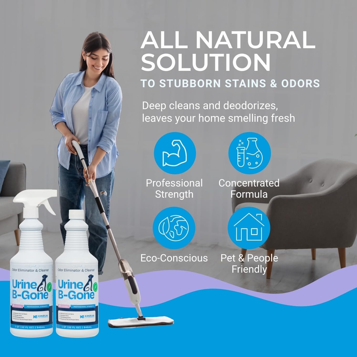 KINZUA ENVIRONMENTAL Urine B-Gone, Professional Enzyme Odor Eliminator & Pet Stain Remover, Human, Cat & Dog Urine Cleaner, Effective on Laundry, Carpets & More, Lavender Scent, 32oz, Pack of Two - Pet Explorer