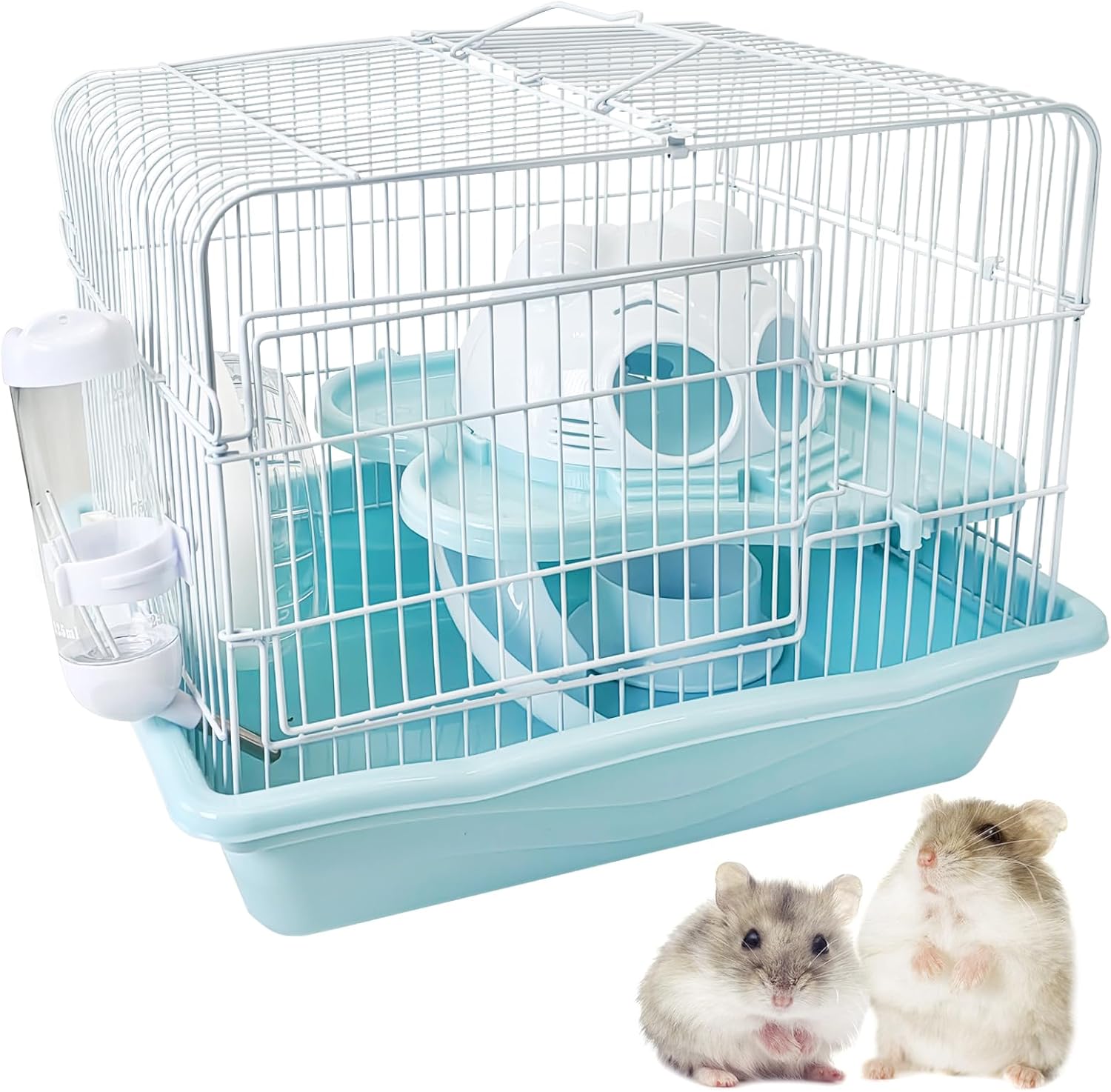 PINVNBY Dwarf Hamster Cage, Small Animal Cages, 2-Tier Travel Portable Mouse Cage Hamster Carrier with Castle House Running Exercise Wheels, Water Bottle and Food Dis（Blue） - Pet Explorer