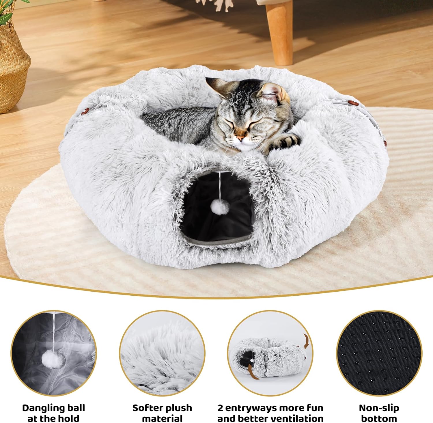 Odoland Cat Tunnel Bed with 20 Cat Toys - Indoor Plush Kitten Couch, Detachable Cats Cave Donut Tunnel & Soft Kitten Toy Set - Cozy Cat Furniture, White - Pet Explorer