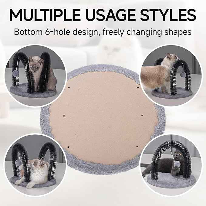 Cat Arch Self Groomer Massager, Kitty Grooming Brush with 2 Brushes and Heavy Plush Base, Cat Face and Back Scratchers, Rubbing Post for Indoor and Outdoor Cats with 2 Plush Balls