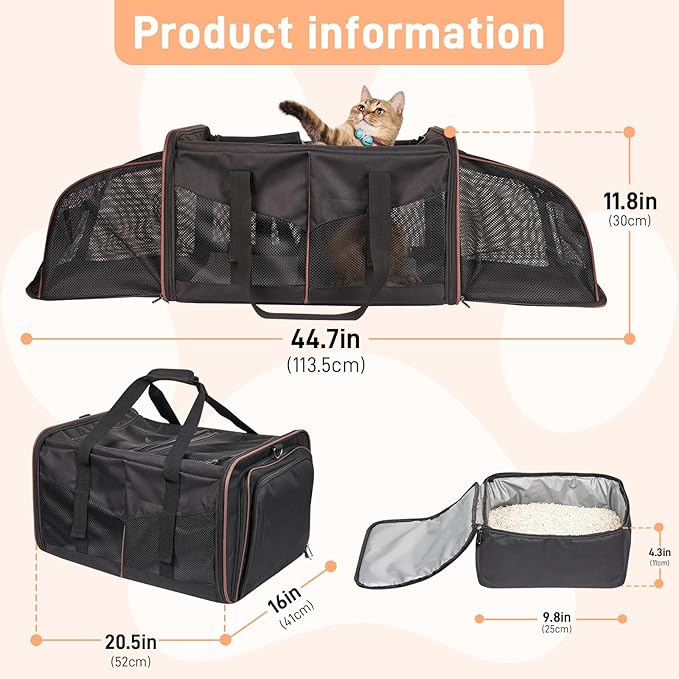 Portable Double Cat Carrier with Litter Box, Large Expandable Cat Carrier for 2 Cats, Soft Sided Pet Carriers for Car Travel, Pet Carrier with Safety Locking Zippers, Home & Outdoor Use, Black