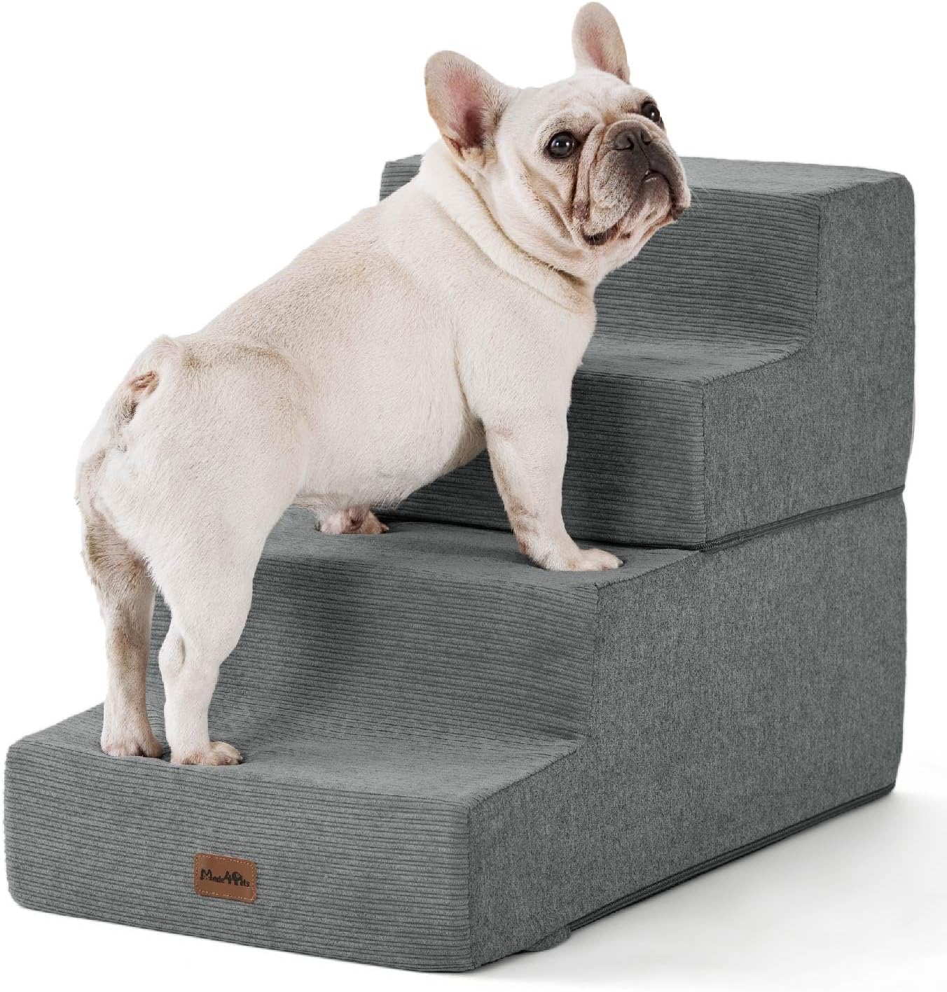 Made4Pets Dog Steps for Bed, Extra Wide Dog Stairs for High Bed Couch Sofa, 35D Foam Pet Steps for Small Dogs and Cats, Non-Slip Bottom Pet Stairs, Grey, 4 Steps - Pet Explorer