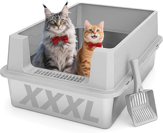 Stainless Steel Sifting Litter Box with Lid, Metal Litter Pan with Scoop for Big Cats Multi Cat, Extra Large Cats Litterbox Odor Control Easy Clean