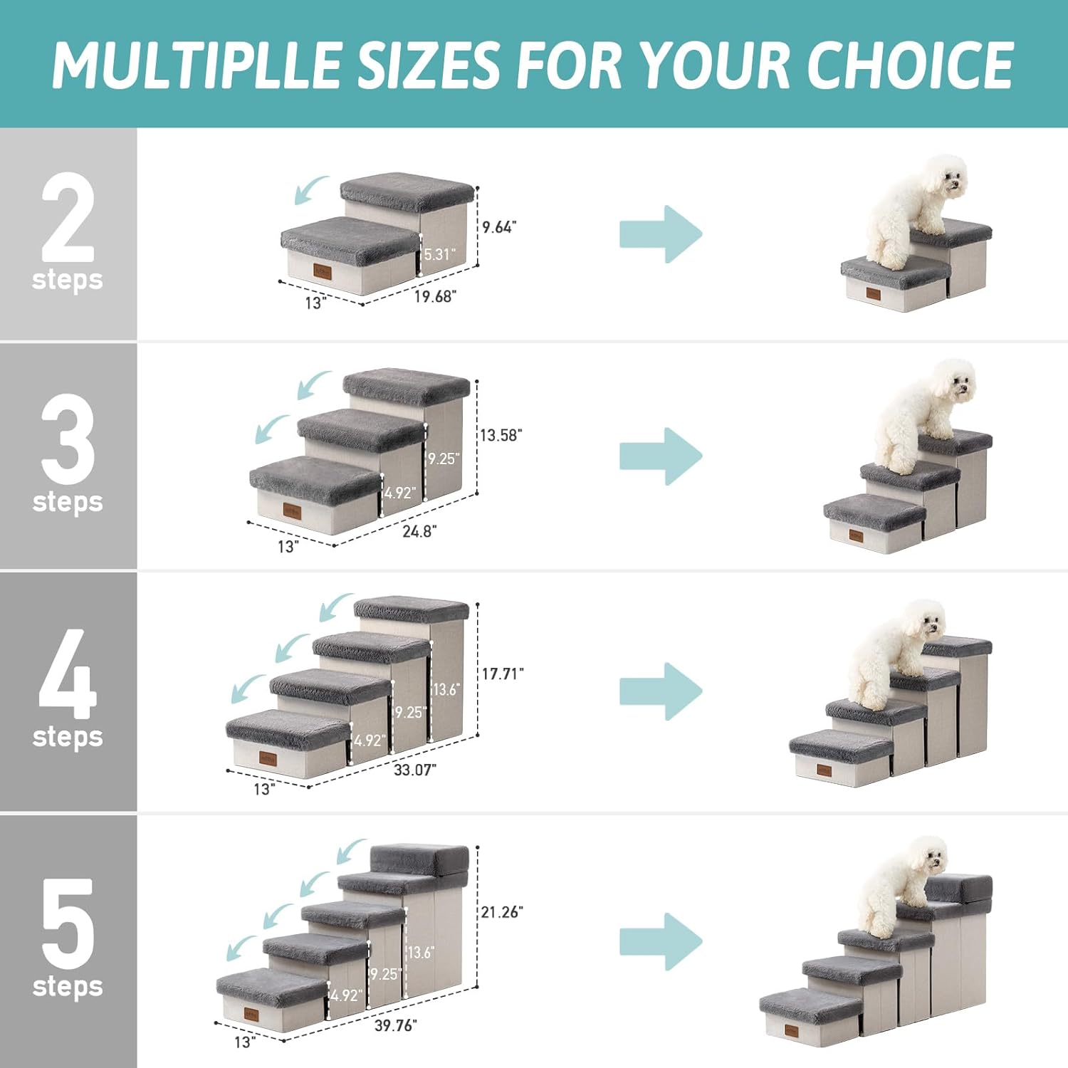 Dog Stair for Small Dogs with Storage, Foldable Pet Step with Soft Cover, Older Cat Ramp for Chair Couch Sofa, Lightweight, Durable, Comfort, 33x13x17.7 inch, 4 Tiers Grey - Pet Explorer