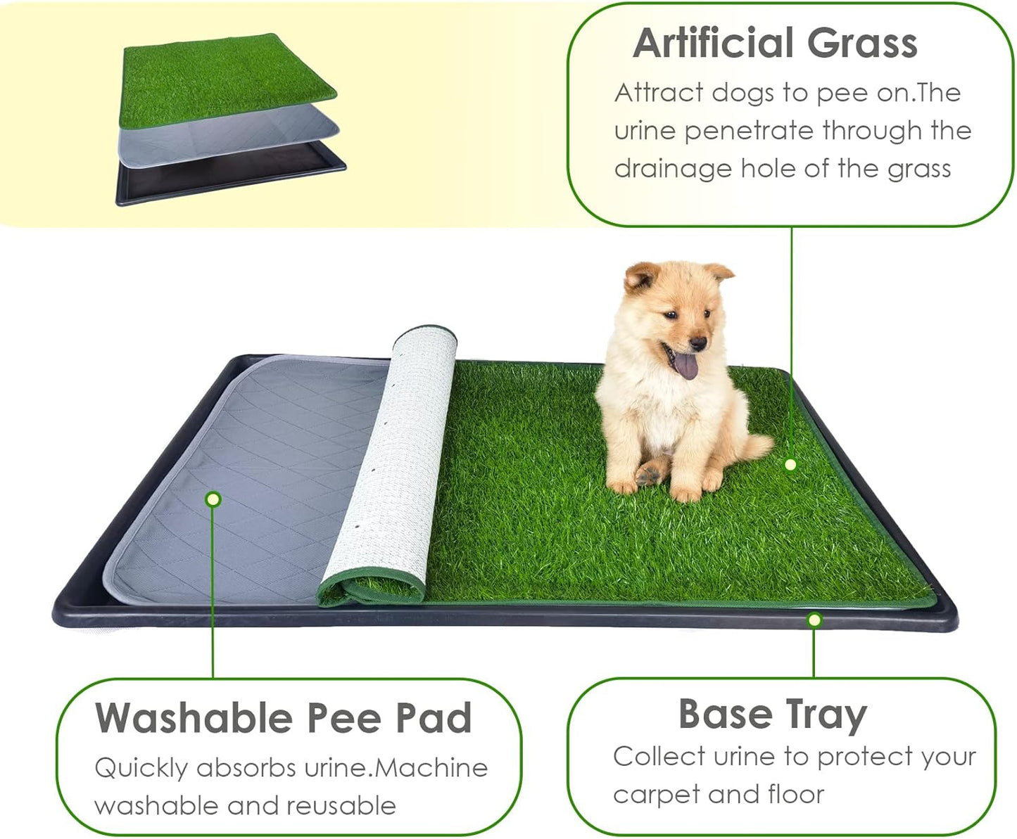 Dewonch Dog Artificial Grass Pad with Tray for Puppy Potty Training, Fake Turf Patch & Washable Pee Pad Pet Loo for Small and Medium Dogs, Indoor or Outdoor Use (Potty System 35.4” x 23.6”) - Pet Explorer