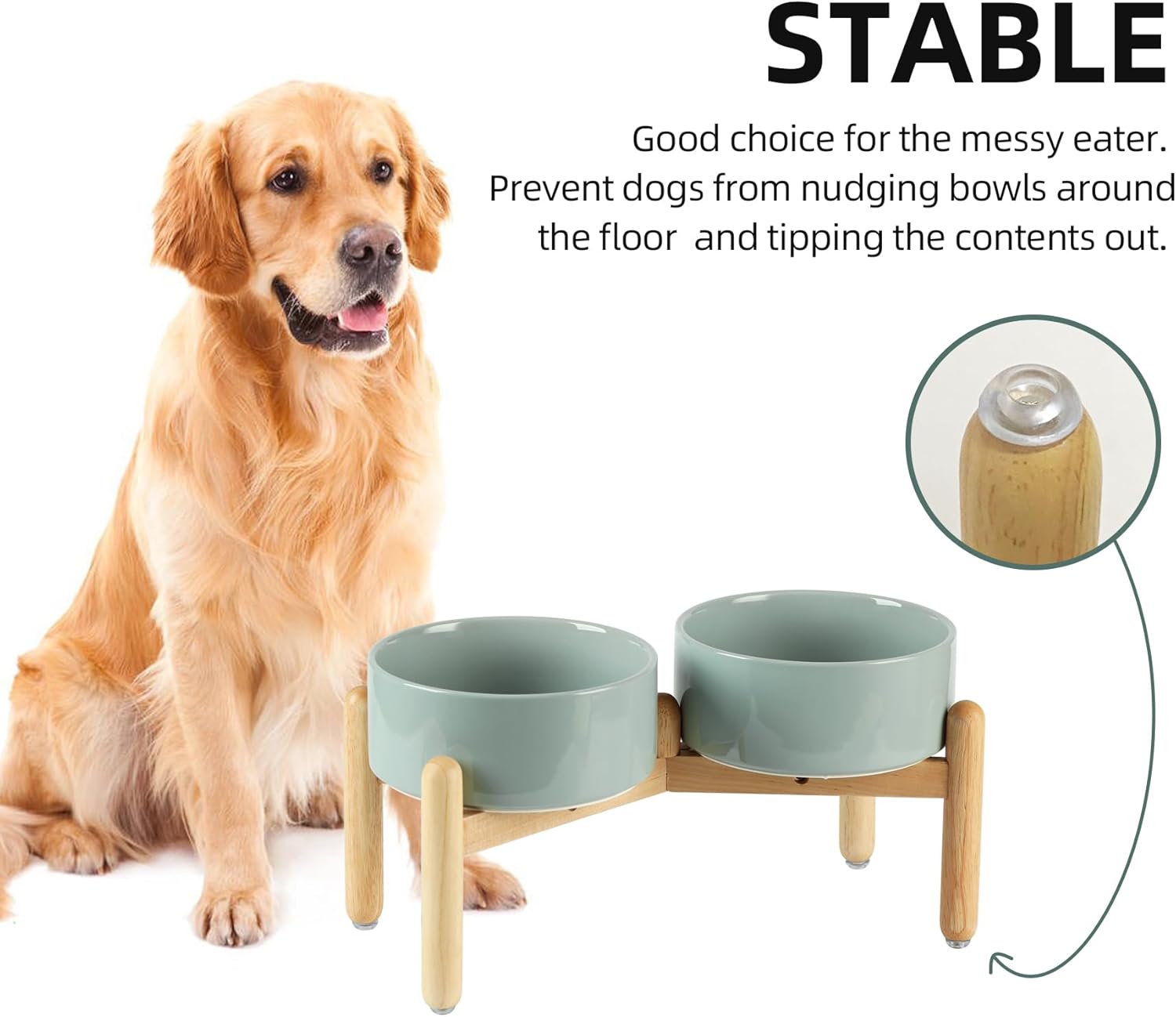 Ceramic 7.3inch Raised Double Bowls Set with Wooden Stand, Food & Water Bowls for Medium Breed Dogs, Weighted Dog Dishes, Pet Feeder(Light Green) - Pet Explorer