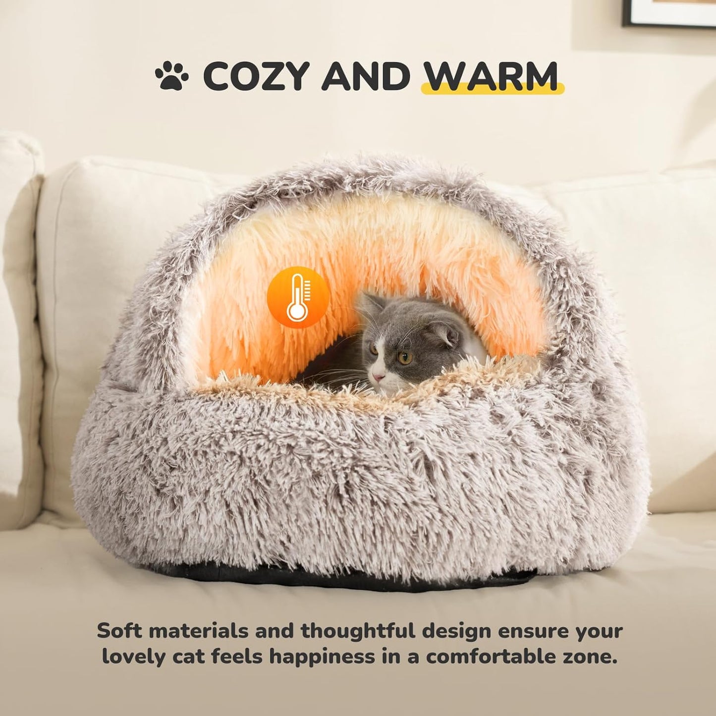 CATISM Plush Hooded Cat Bed, Calming Nest, Self-Warming Cave, Cozy Pod for Indoor Cats or Small Dogs, Removable Washable Cove With Non-Slip Bottom - Pet Explorer