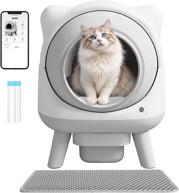 WARCAT Automatic Self-Cleaning Litter Box, Smart Litter Box with APP Control & Cat Ear Design for Multi-Cat Households, Includes Mat & Waste Bags
