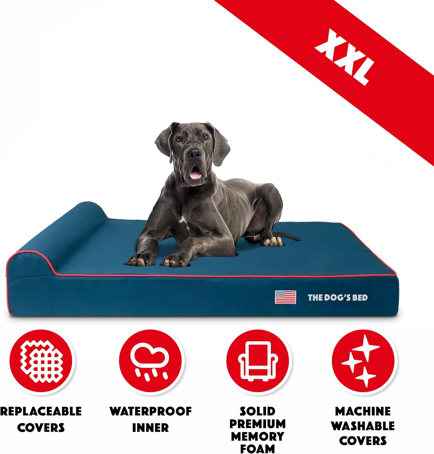The Dog’s Bed Orthopedic Headrest Dog Bed XXL Blue Oxford with Red Trim US Flag 54x36, Memory Foam, Hip & Elbow Dysplasia, Post Surgery, Lameness, Veterinary Approved, Waterproof Washable Cover - Pet Explorer
