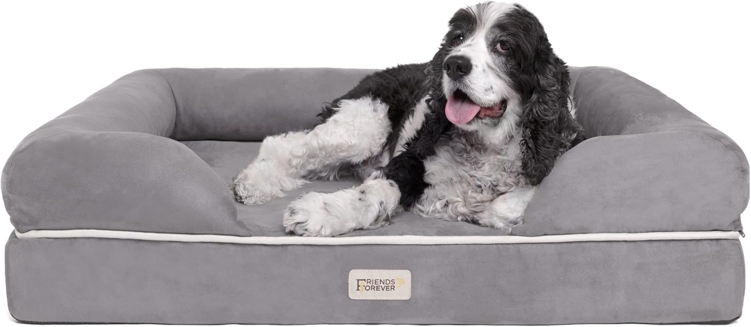 Friends Forever Large Dog Bed, Orthopedic Pet Sofa Memory Foam Mattress, Calming Dog Couch, Wall Rim Pillow, Water Resistant Liner, Washable Cover, Non-Slip Bottom, Chester, Large Grey - Pet Explorer
