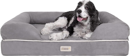 Friends Forever Large Dog Bed, Orthopedic Pet Sofa Memory Foam Mattress, Calming Dog Couch, Wall Rim Pillow, Water Resistant Liner, Washable Cover, Non-Slip Bottom, Chester, Large Grey - Pet Explorer