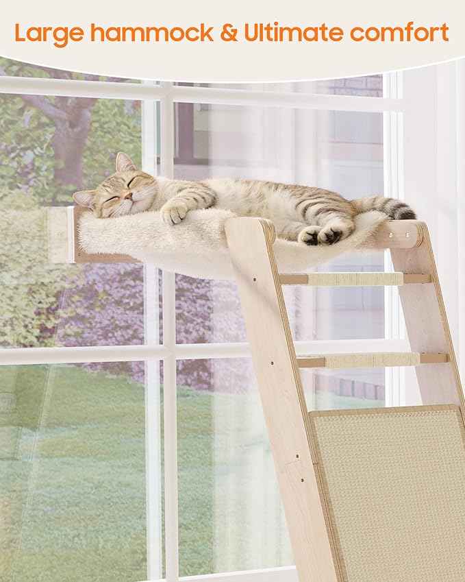 51'' Cat Window Perch with Sisal Pad, Extra-Wide Cat Scratcher with Suction Cups for Glass, Sisal Ball Hammock Ladder for Sleeping, Playing and Watching Bird