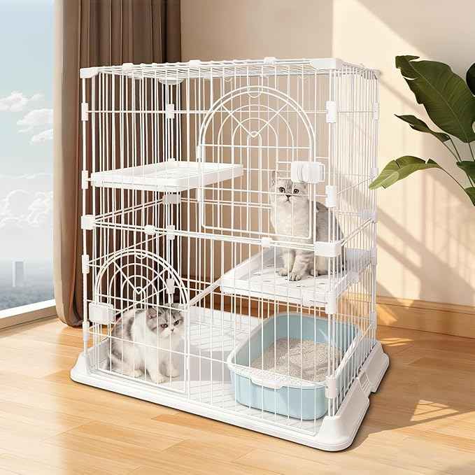 Cat Cage 2-Tier Indoor Cat Enclosure with Widen Bottom Buckle & Reinforced Locking Clamps DlY Cat Playpen for 1-2 Cats & Small Pets,30" Lx 20" W X 35" H (White, Two-Tier35)