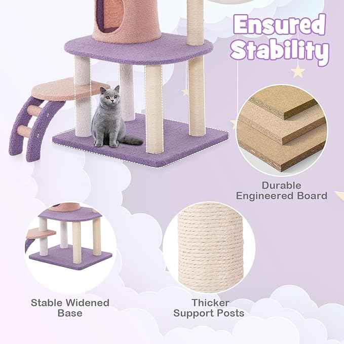 PETSITE Star and Moon-Themed Cat Tree Tower, Multi-Level Modern Cat Tower with Sisal Scratching Posts, Cat Condo, Side Hammock, Hanging Dangling Toys, Cute Cat Tree for Indoor Cats (62 Inch Tall)