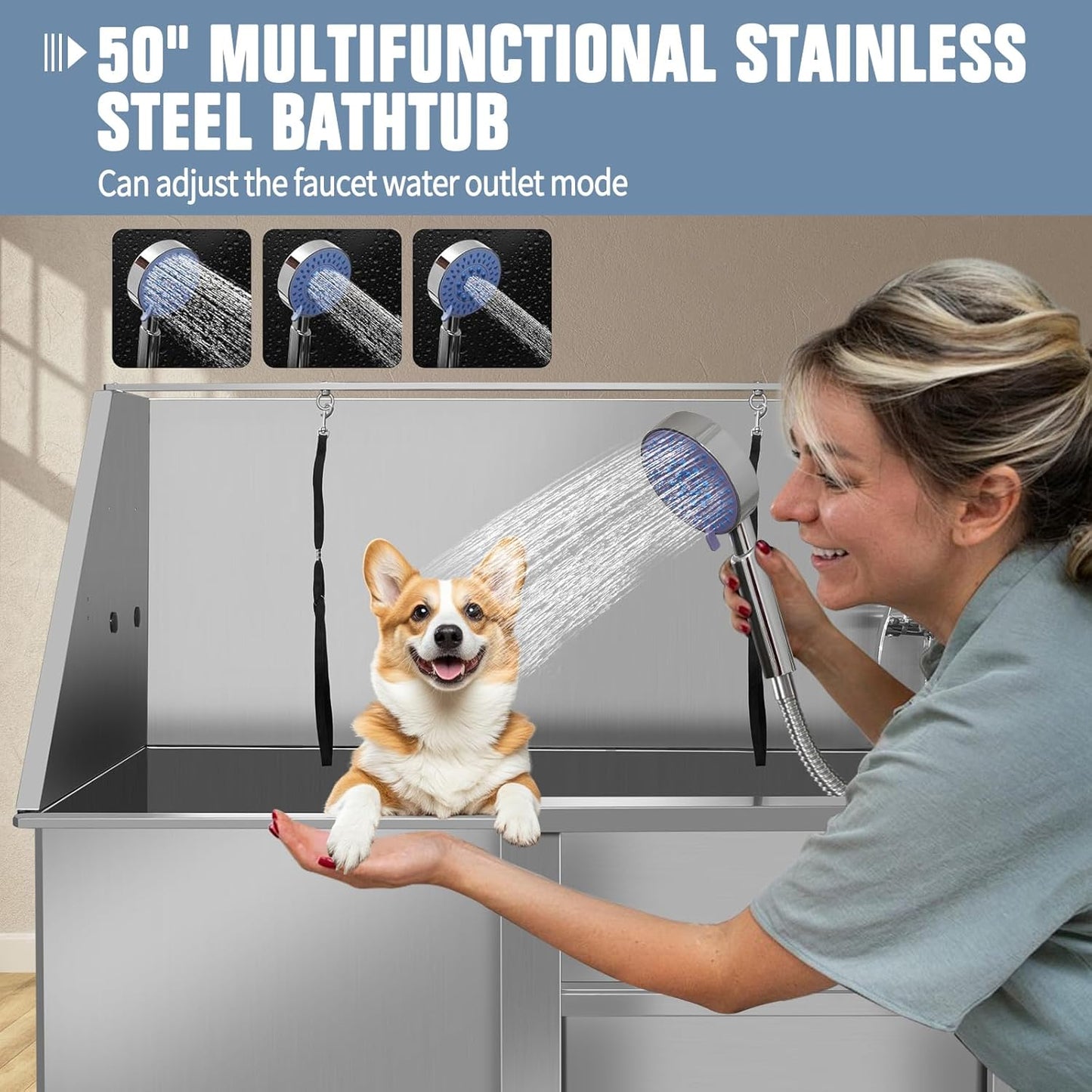 50 Inch Electric Dog Bathing Station For Large Dogs, Height Adjustable Stainless Steel Dog Pet Washing Station, Professional Dog Grooming Tub With Electric Lift, Pet Wash Bath Station (50" Right door) - Pet Explorer