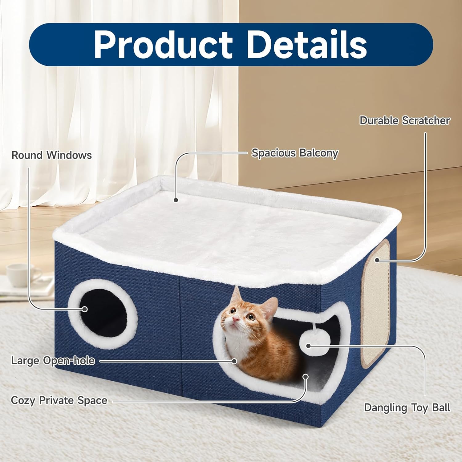 Cat Beds for Indoor Cats, Extra Wide Cat Cube House for Multi Cats, Foldable Cat Cave Hideaway with Arc-Edge Design & Oval Door, Double-Side Soft Cushion for All Seasons, 24"L x 17.7"D x 12.6"H, Blue - Pet Explorer