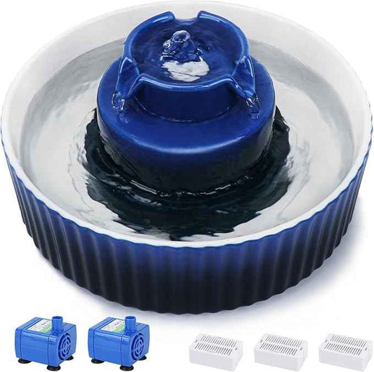 Ceramic Cat Water Fountain, 2.1L/71oz Cat Fountain with 3 Carbon Filters and 2 Water Pumps, Cupcake Pet Water Fountain for Cats and Dogs (Dark Blue)