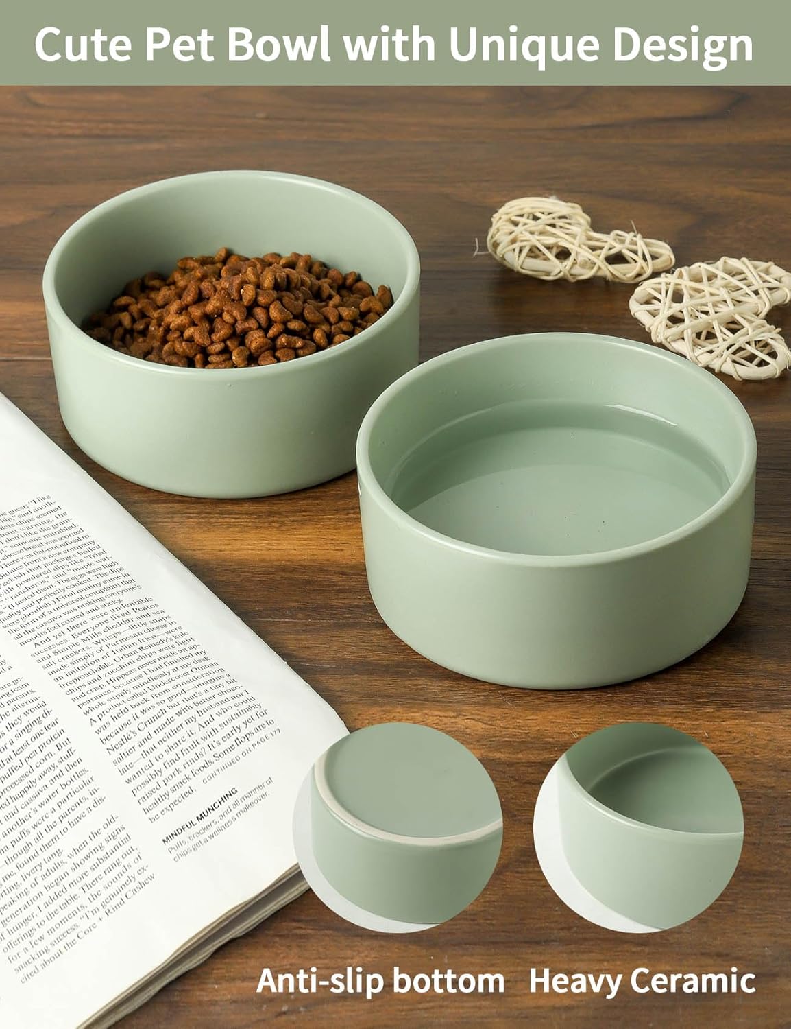 UBEE Ceramic Dog Bowl Set of 2, 5.1 inch Dog Dish Cat Food Bowl for Small Dogs and Large Cat, Pet Food Water Dish Feeding, Sage Green - Pet Explorer