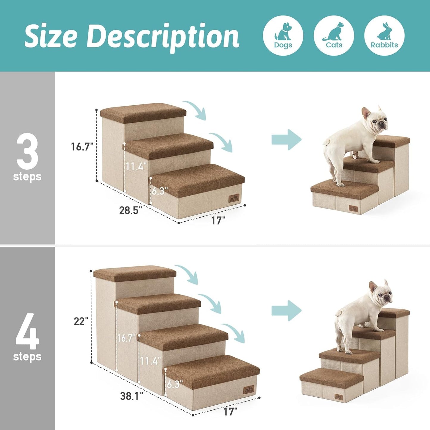 Dog Stairs with Storage, 4-Step Wider Sturdy Dog Steps for Small/Medium/Large Dogs and Older Cats, Folding Doggie Ramp for Bed/Couch/Car Hold Up to 180 lbs (22" H, Brown) - Pet Explorer