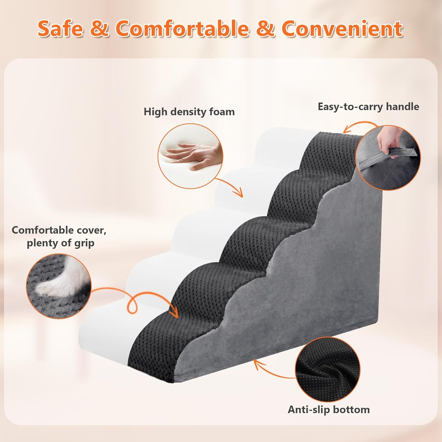 MIHIKK Dog Stairs Ramp, Curved 5-Step Dog Steps for Small Dogs and Cats, Pet Stairs for High Beds and Couch with Anti-Slip Washable Cover and Durable High Density Foam, Dark Grey - Pet Explorer