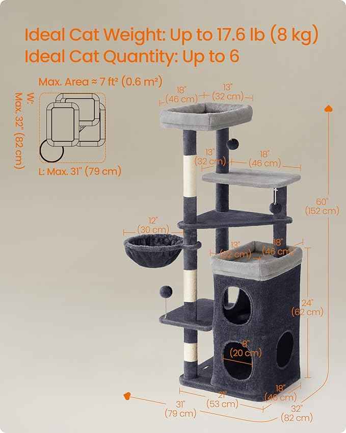 Feandrea Cat Tree, 60-Inch Cat Tower, Multiple-Level Plush Condo with 2 Caves, 3 Scratching Posts, 3 Perches, Dark Gray UPCT007G02