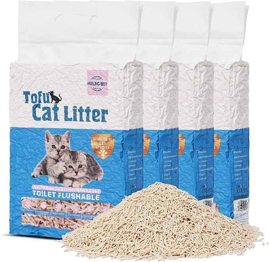 Tofu Cat Litter 22.4LB(5.6LB*4 Bags) Fast Clumping, Dust-Free,100% Natural Raw Materials, Clumping,Flushable,Ultra Absorbent and Fast Drying,Solubility in Water,Really,Less Scattering