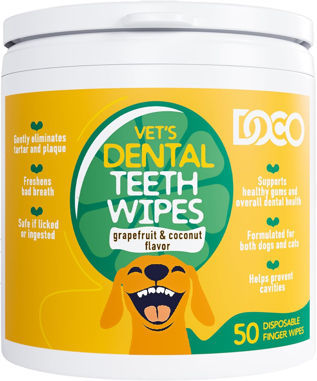 DOCO Dog Teeth Cleaning Wipes Dental Finger Wipes for Cats & Dogs Remove Plaque & Tartar, Freshen Breath, No Rinse, Easy Pet Tooth Cleaning Kit for Oral Care, Coconut & Grapefruit Flavor, 50 Count - Pet Explorer