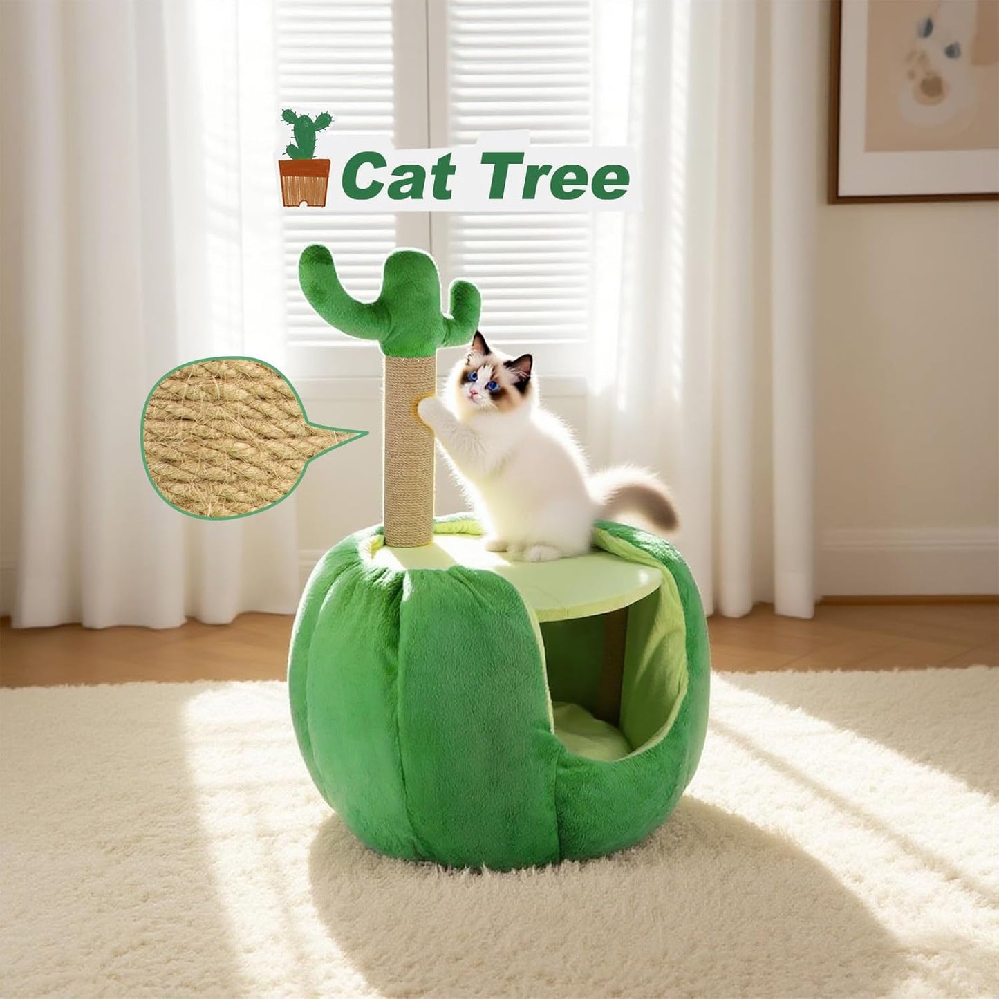 Cat Houses for Indoor Cats, Small Cat Tree with Sisal Ropes and Plush Perch, Cute Cat Bed Cave with Soft Pillow, Cactus Design - Pet Explorer