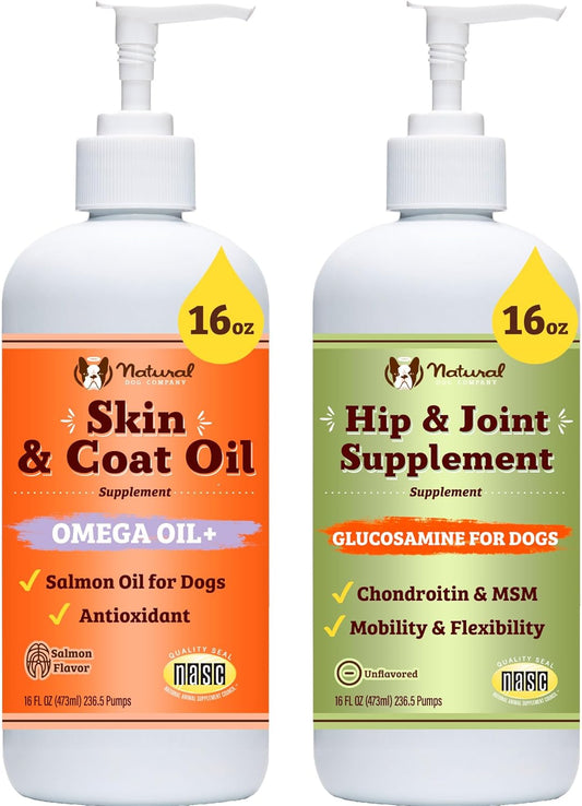 Natural Dog Company Healthy Joints, Skin and Coat Bundle for Dogs, Includes (1) Bottle Natural Dog Company Skin and Coat Oil, (1) Bottle Liquid Glucosamine, Food Topper, Dog's Fish Oil Supplement - Pet Explorer