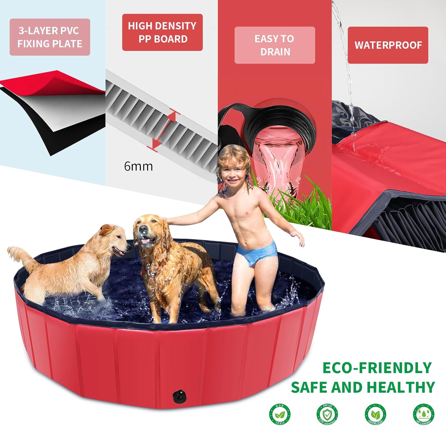 Foldable Dog Pool, 47" x 12" Kiddie Pool with Hard Plastic, Non-Slip Dog Bath Tub for Outdoor Backyard, Collapsible Dog Swimming Pool for Kids Dogs Pets (Red) - Pet Explorer