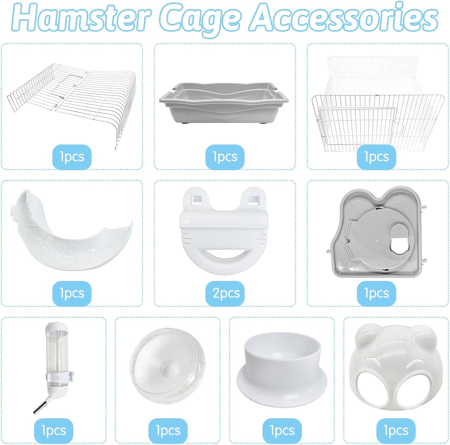 PINVNBY Dwarf Hamster Cage, Small Animal Cages, 2-Tier Travel Portable Mouse Cage Hamster Carrier with Castle House Running Exercise Wheels, Water Bottle and Food Dis（Gray） - Pet Explorer