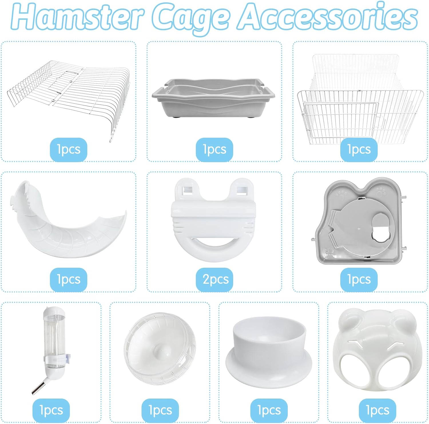 PINVNBY Dwarf Hamster Cage, Small Animal Cages, 2-Tier Travel Portable Mouse Cage Hamster Carrier with Castle House Running Exercise Wheels, Water Bottle and Food Dis（Gray） - Pet Explorer