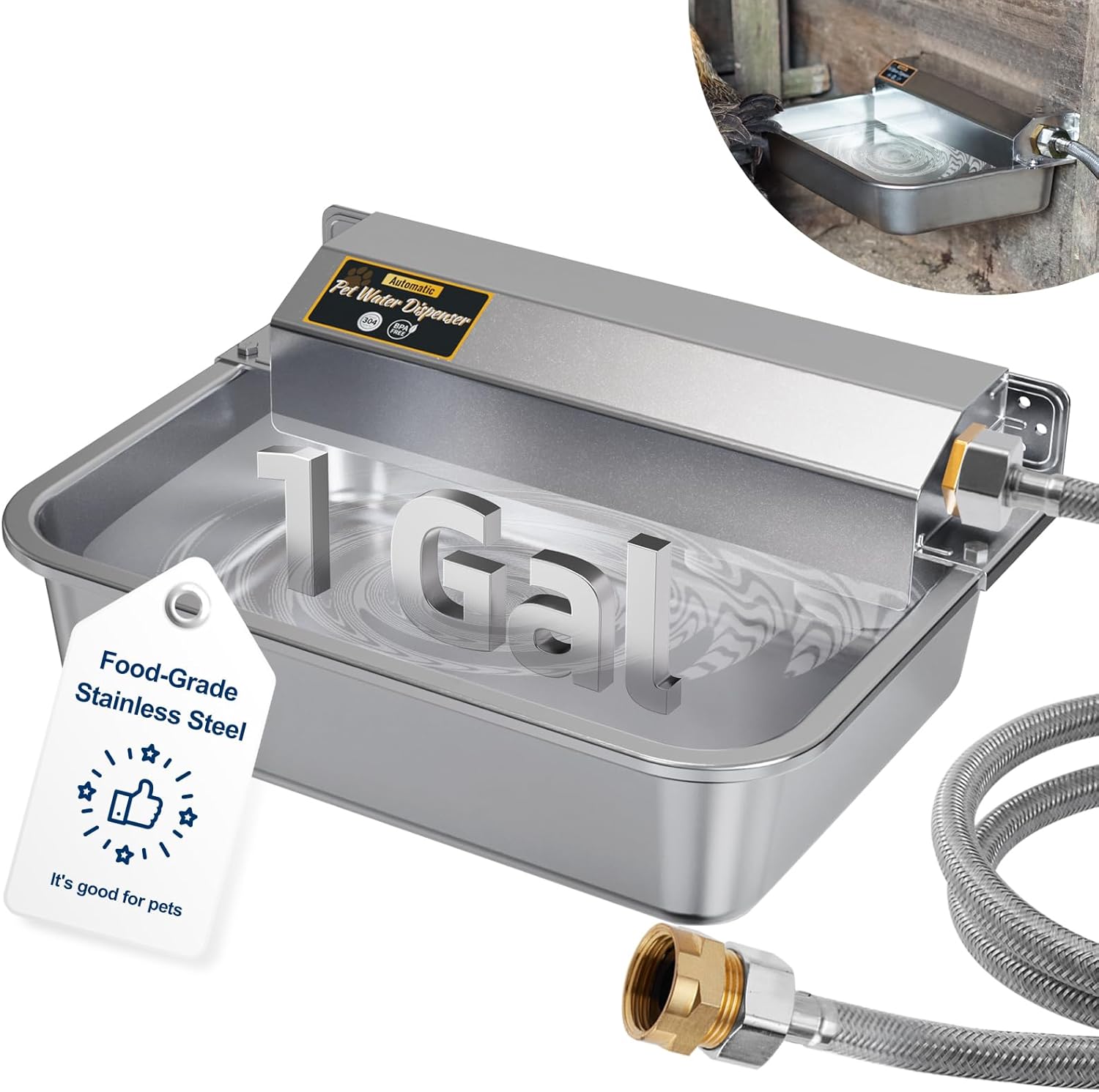 1Gal/3.8L Automatic Water Dispenser for Dogs, Patented Automatic Dog Waterer Bowl for Outdoor, Stainless Steel Water Bowl Dispenser for Livestock Chicken, Dog Feeder Fit 3/4'' GHT Faucet - Pet Explorer
