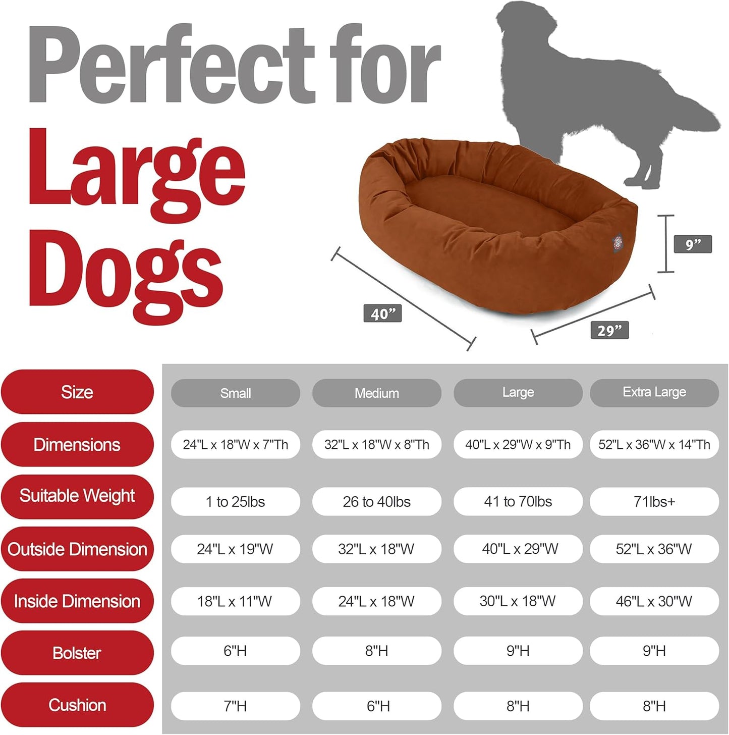 Majestic Pet 40 Inch Suede Shredded Memory Foam Mix Calming Large Dog Bed Washable 40 x 29 x 9 (Inch) - Cozy Soft Round Donut Dog Bed with Spine for Head Support - Pet Bed Rust - Pet Explorer