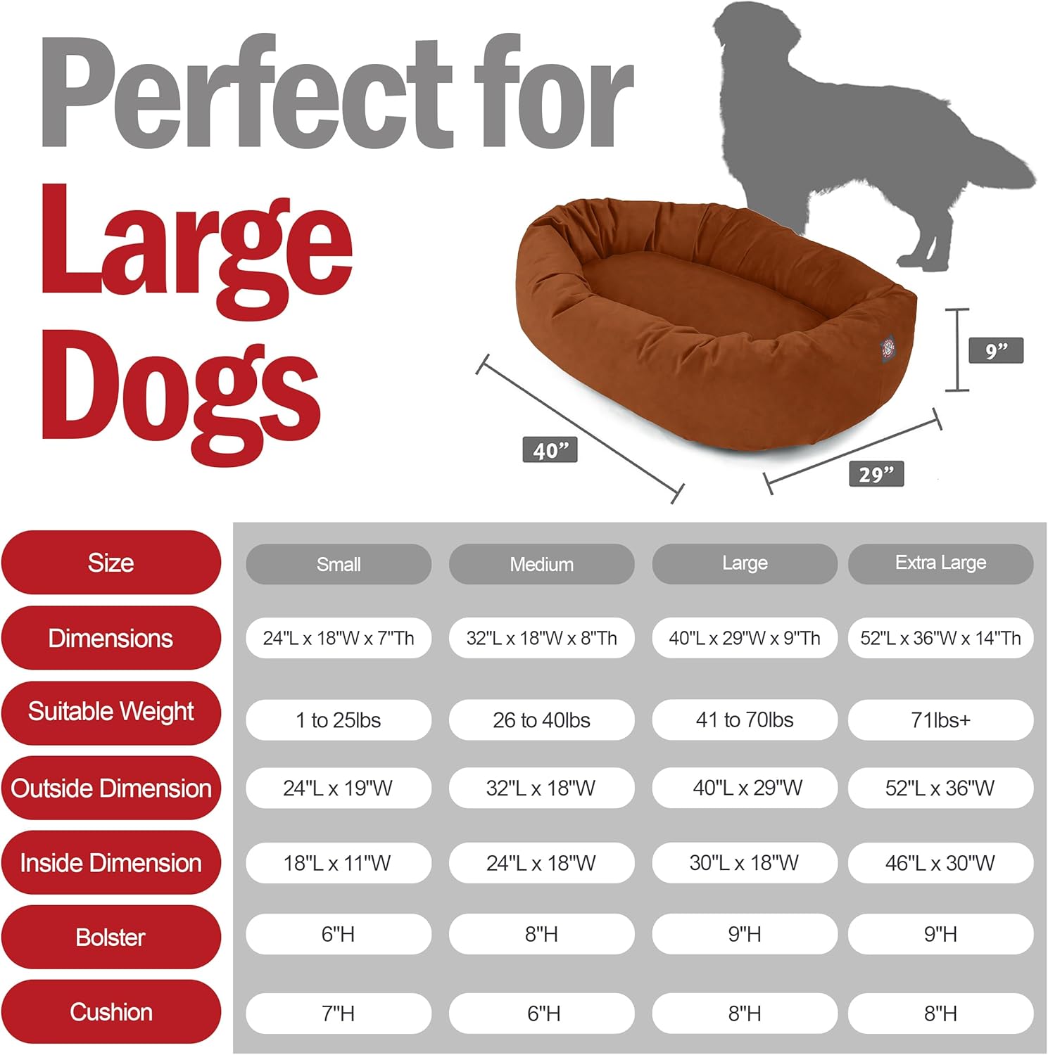Majestic Pet 40 Inch Suede Shredded Memory Foam Mix Calming Large Dog Bed Washable 40 x 29 x 9 (Inch) - Cozy Soft Round Donut Dog Bed with Spine for Head Support - Pet Bed Rust - Pet Explorer